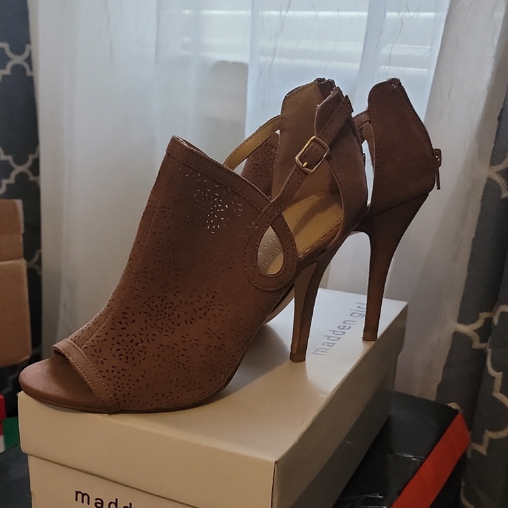 Madden Girl Brown Stiletto Heels with Peep-Toe Design